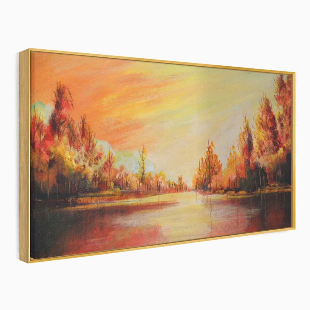Tablou canvas cu pictura cu peisaj de toamna si lac, in rama de aluminiu auriu